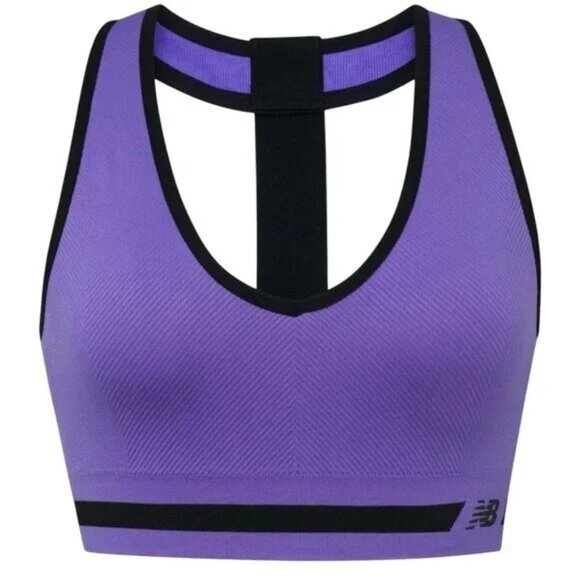 New Balance Seamless Medium Impact Sports Bra - Purple & Black Racerback Stretch - Picture 1 of 11
